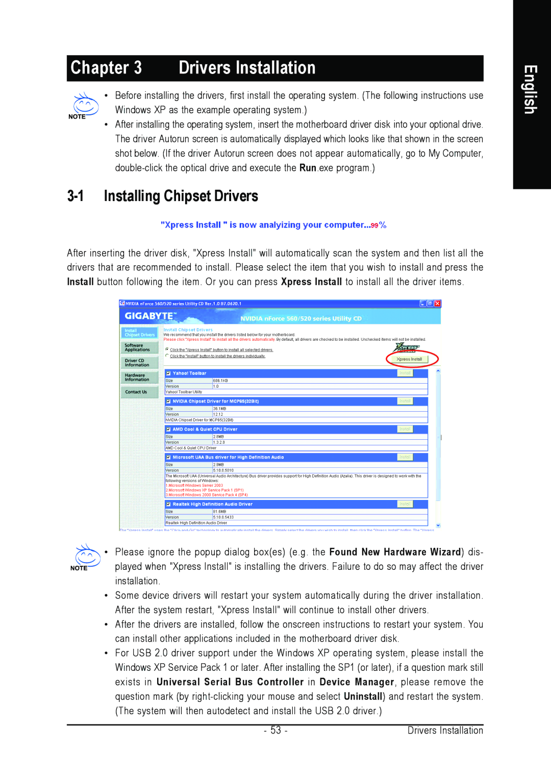 Gigabyte GA-M52S-S3P user manual Drivers Installation, Installing Chipset Drivers 