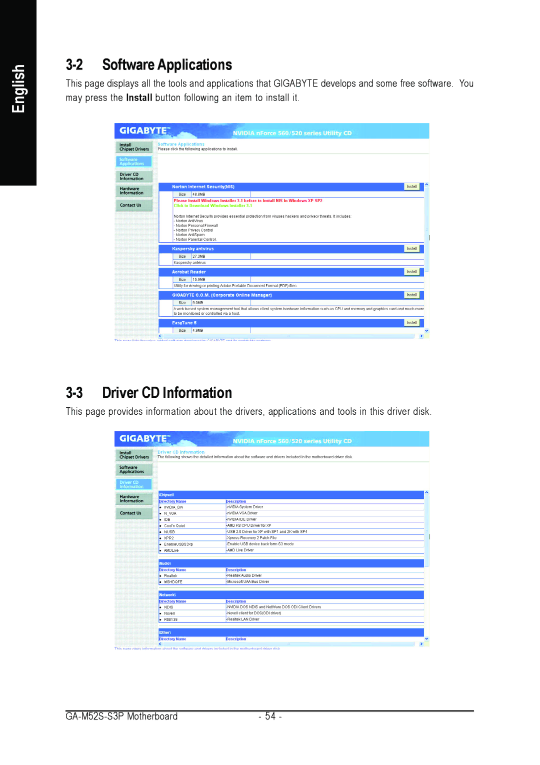 Gigabyte GA-M52S-S3P user manual Software Applications, Driver CD Information 