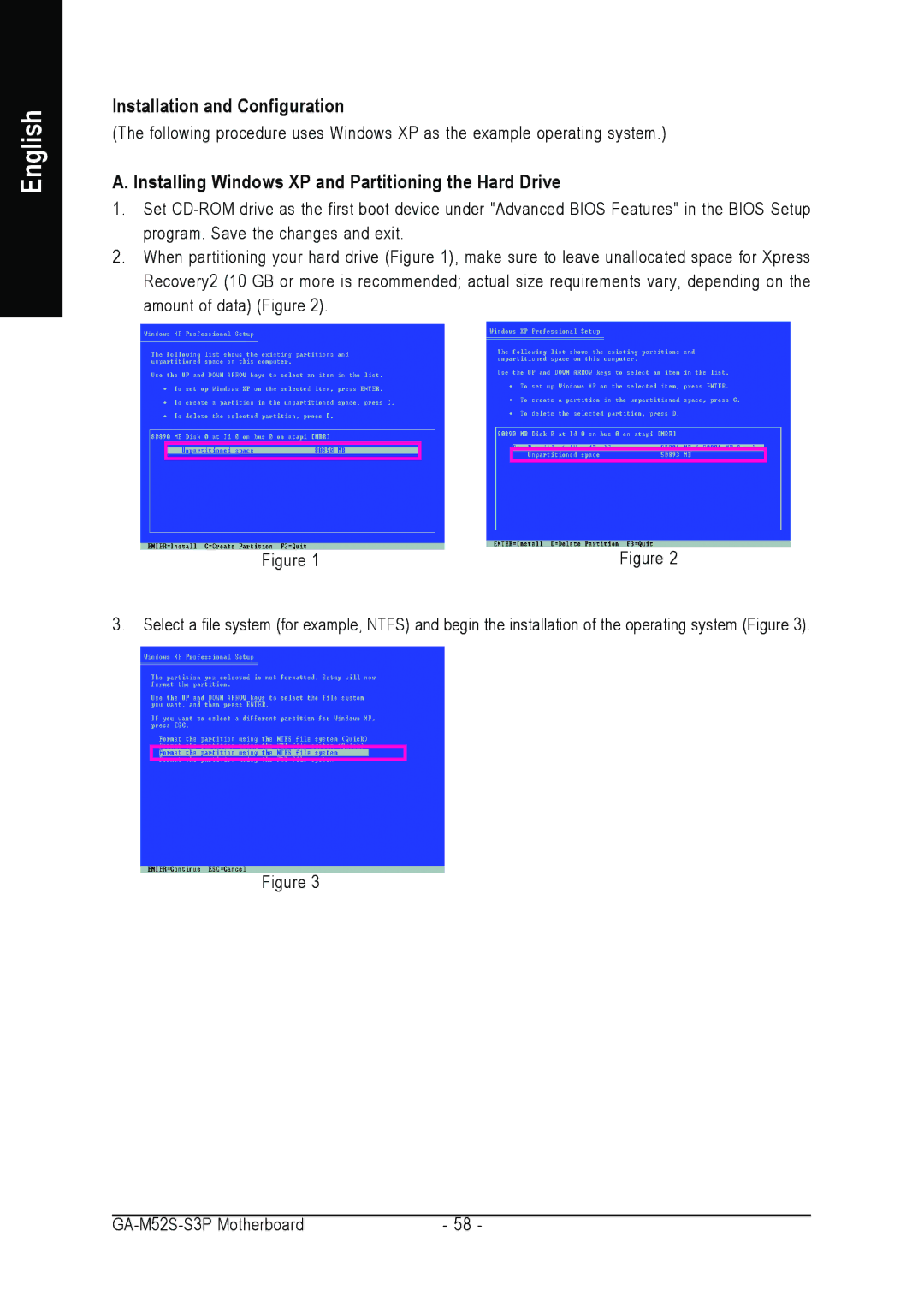 Gigabyte GA-M52S-S3P user manual Installation and Configuration, Installing Windows XP and Partitioning the Hard Drive 