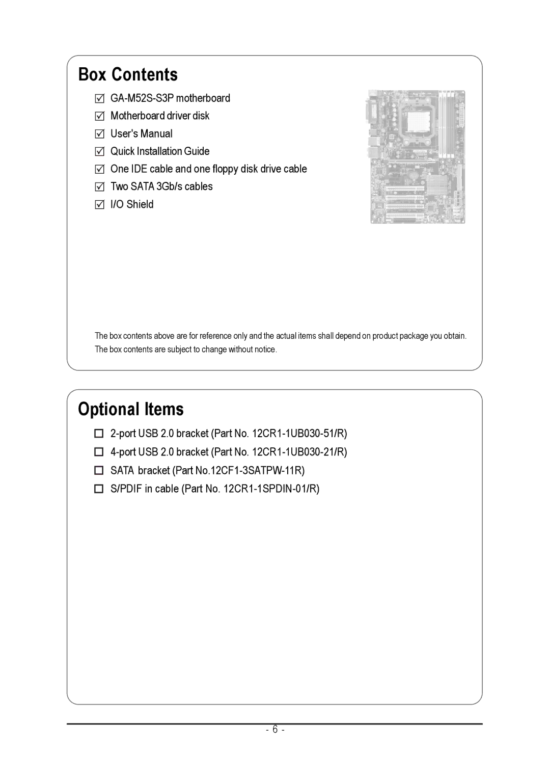 Gigabyte GA-M52S-S3P user manual Box Contents 