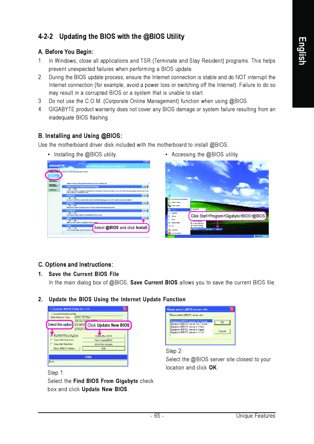 Gigabyte GA-M52S-S3P Updating the Bios with the @BIOS Utility, Installing and Using @BIOS, Options and Instructions 