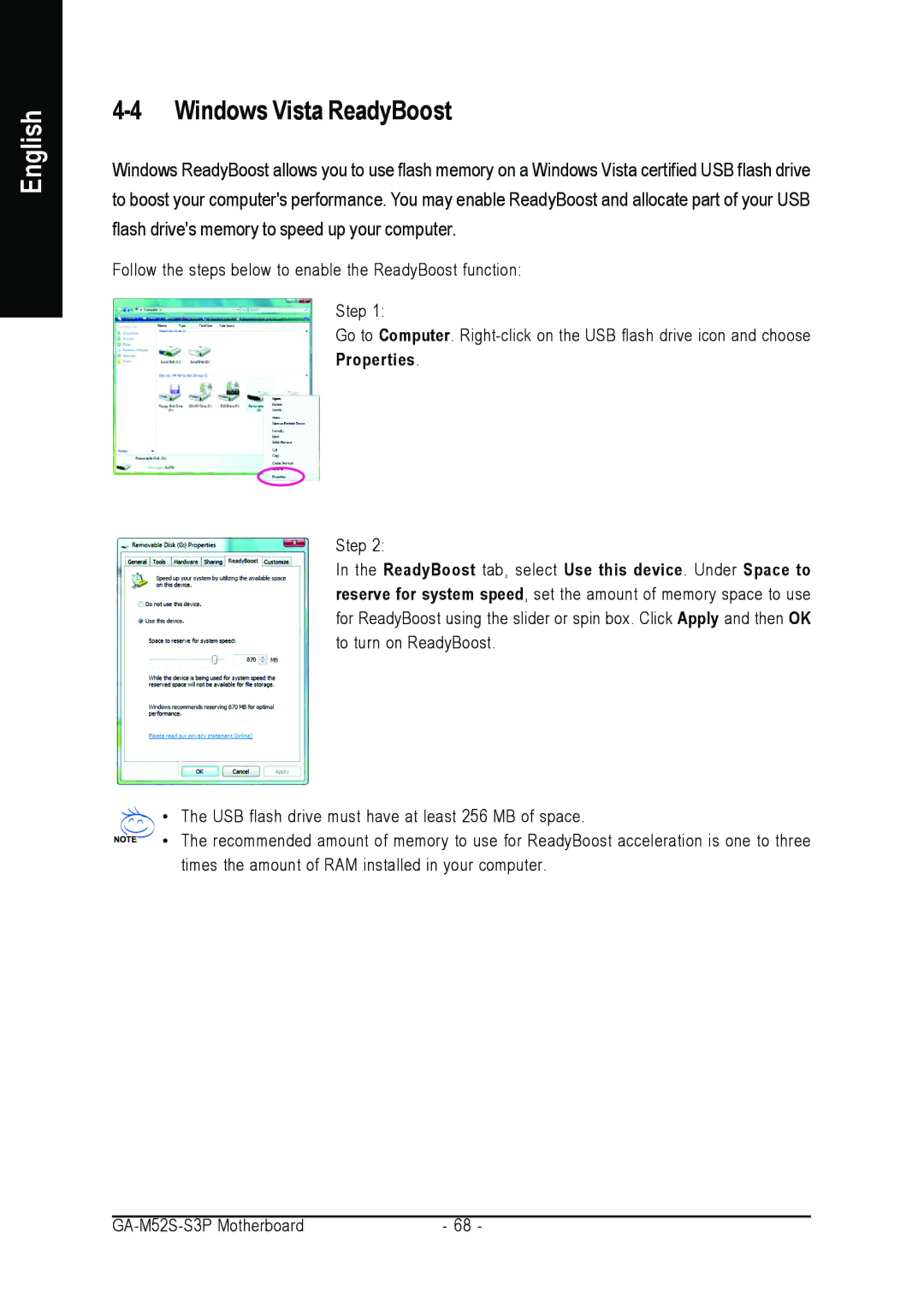 Gigabyte GA-M52S-S3P user manual Windows Vista ReadyBoost 