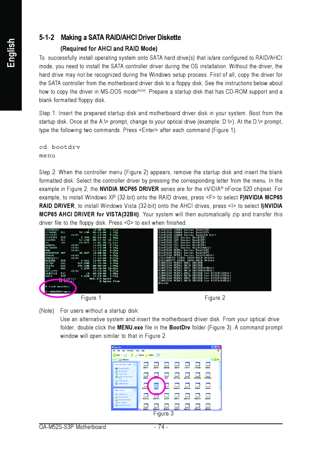 Gigabyte GA-M52S-S3P user manual Making a Sata RAID/AHCI Driver Diskette, Required for Ahci and RAID Mode 