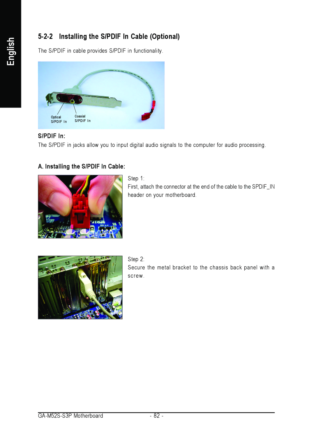 Gigabyte GA-M52S-S3P user manual Installing the S/PDIF In Cable Optional, Pdif 