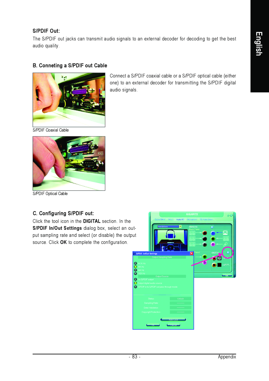 Gigabyte GA-M52S-S3P user manual Pdif Out, Conneting a S/PDIF out Cable, Configuring S/PDIF out 