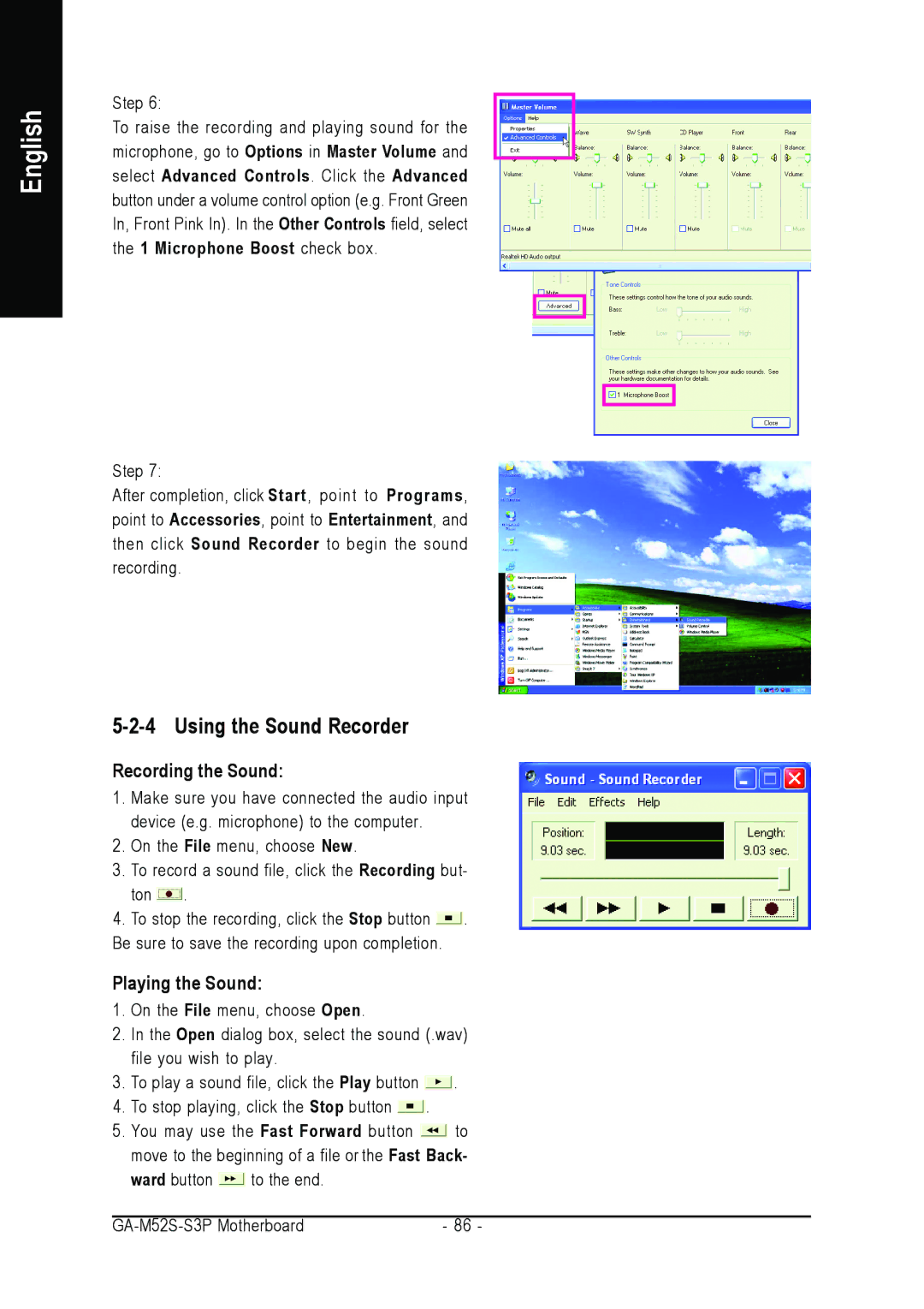 Gigabyte GA-M52S-S3P user manual Using the Sound Recorder, Recording the Sound, Playing the Sound 