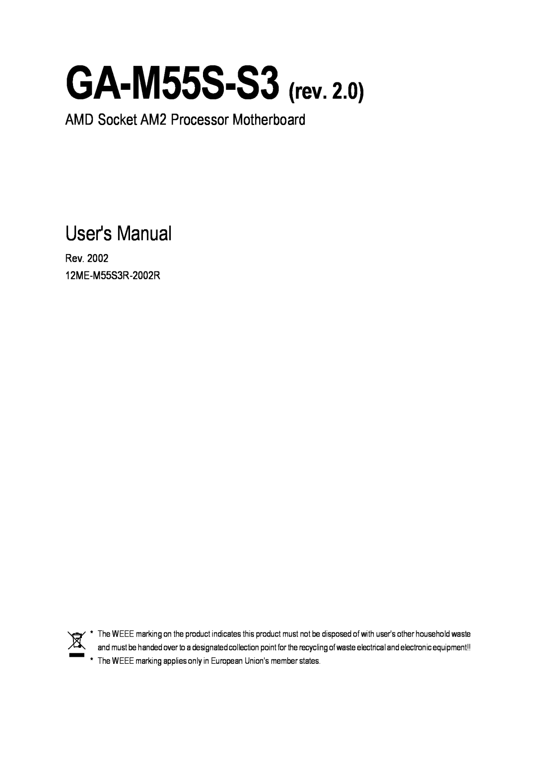 Gigabyte user manual GA-M55S-S3 rev, Users Manual, AMD Socket AM2 Processor Motherboard 