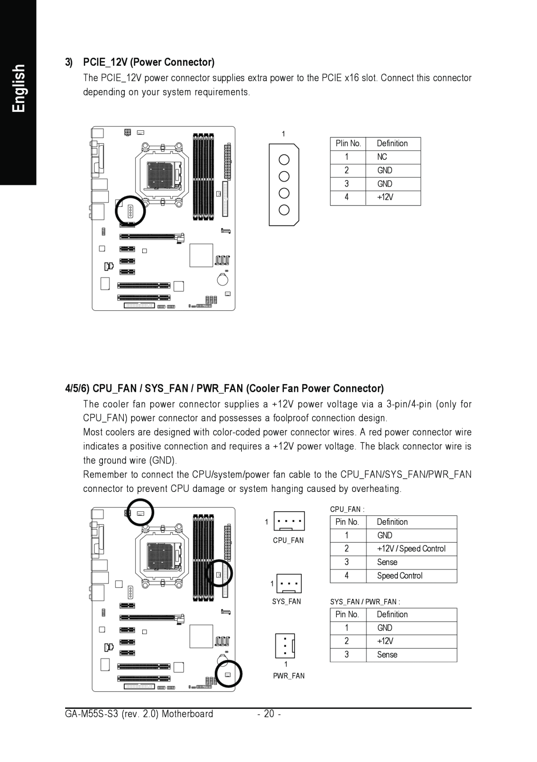 Gigabyte GA-M55S-S3 PCIE12V Power Connector, 4/5/6 CPUFAN / SYSFAN / PWRFAN Cooler Fan Power Connector, English, Cpufan 