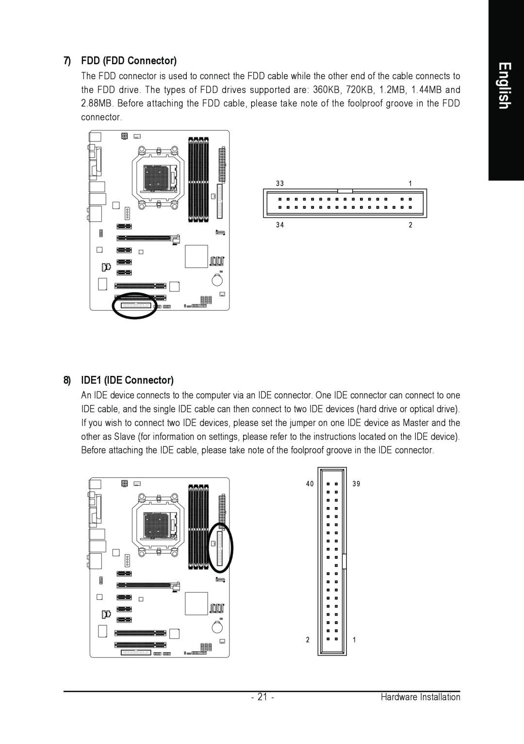 Gigabyte GA-M55S-S3 user manual FDD FDD Connector, 8 IDE1 IDE Connector, English 