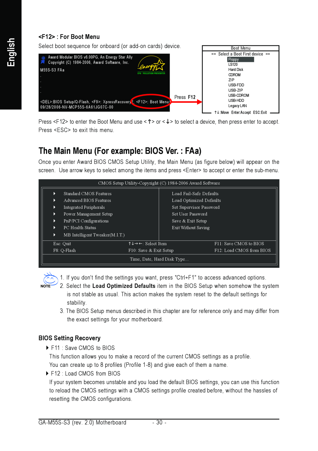 Gigabyte GA-M55S-S3 user manual The Main Menu For example BIOS Ver. FAa, F12 For Boot Menu, BIOS Setting Recovery, English 