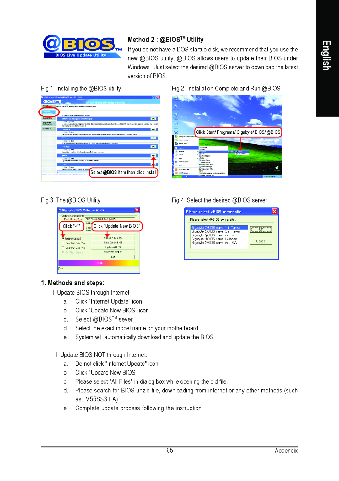 Gigabyte GA-M55S-S3 user manual Method 2 @BIOSTM Utility, Methods and steps, English 