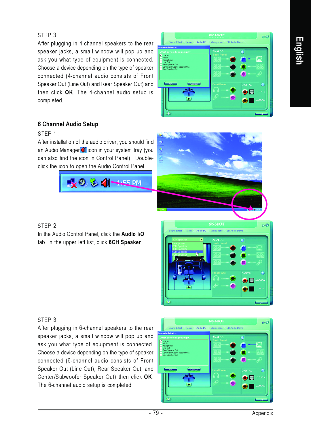 Gigabyte GA-M55S-S3 user manual Channel Audio Setup, English 