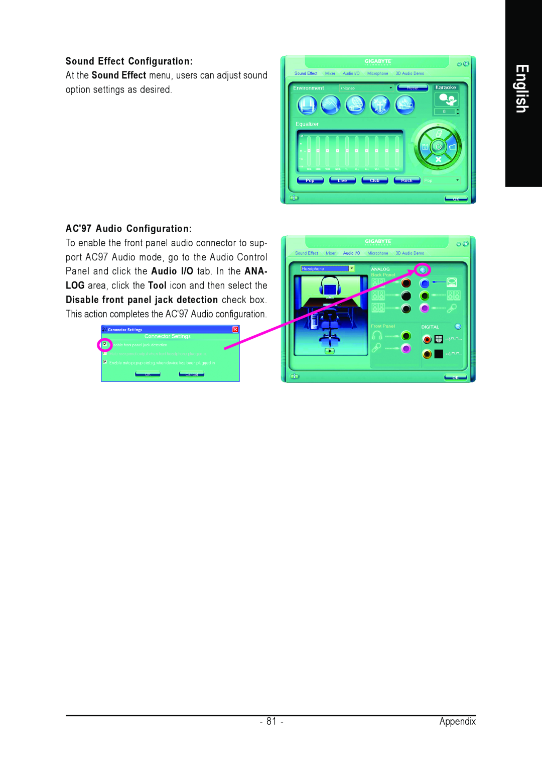 Gigabyte GA-M55S-S3 user manual English, Sound Effect Configuration, AC97 Audio Configuration 