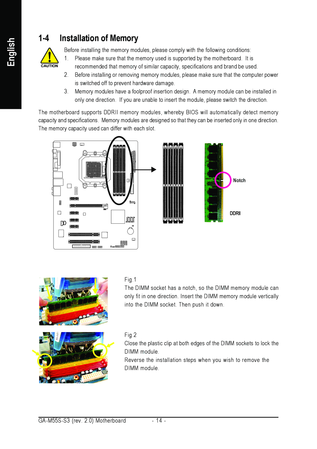 Gigabyte GA-M55S-S3 user manual Installation of Memory 