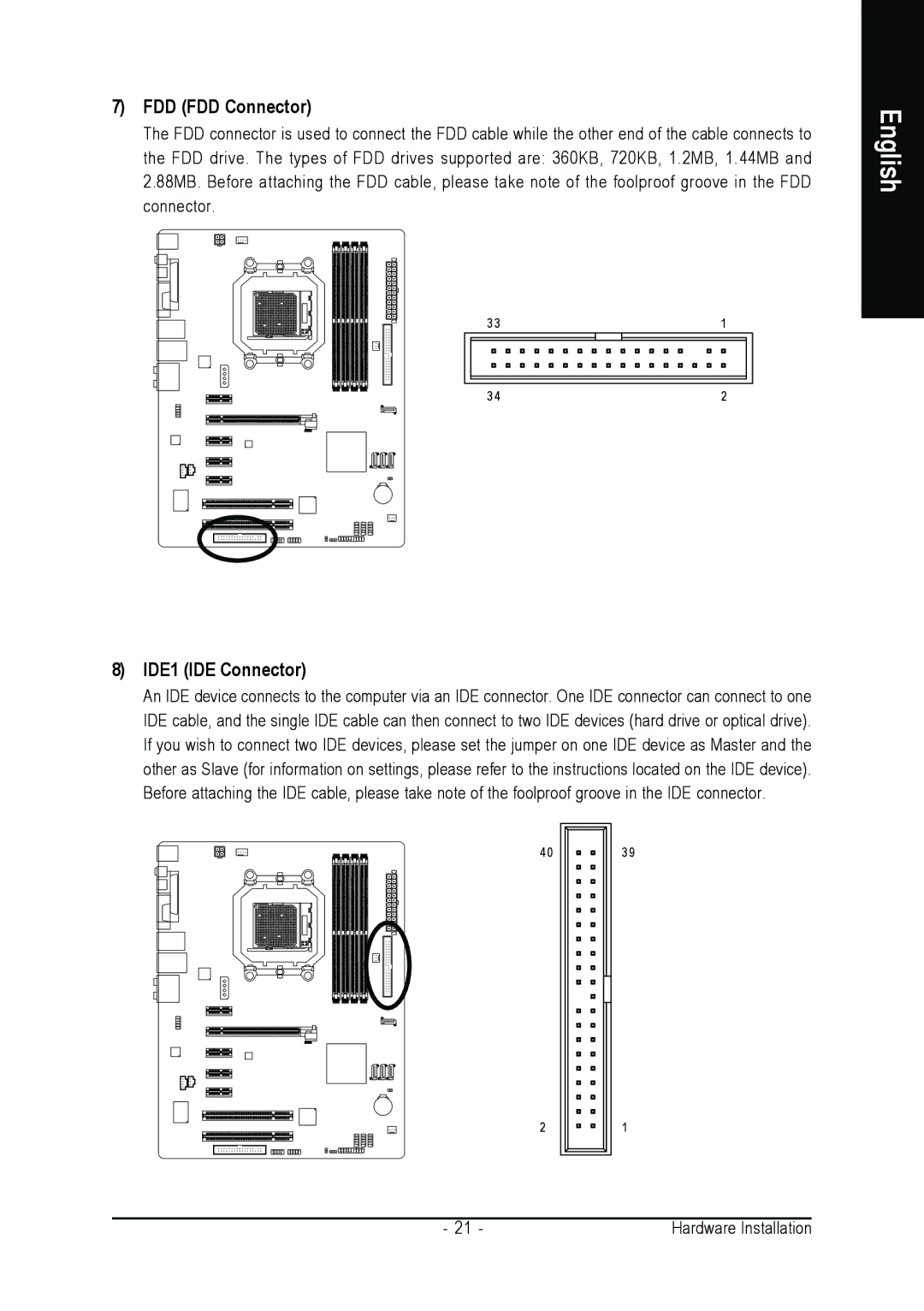 Gigabyte GA-M55S-S3 user manual FDD FDD Connector, IDE1 IDE Connector 