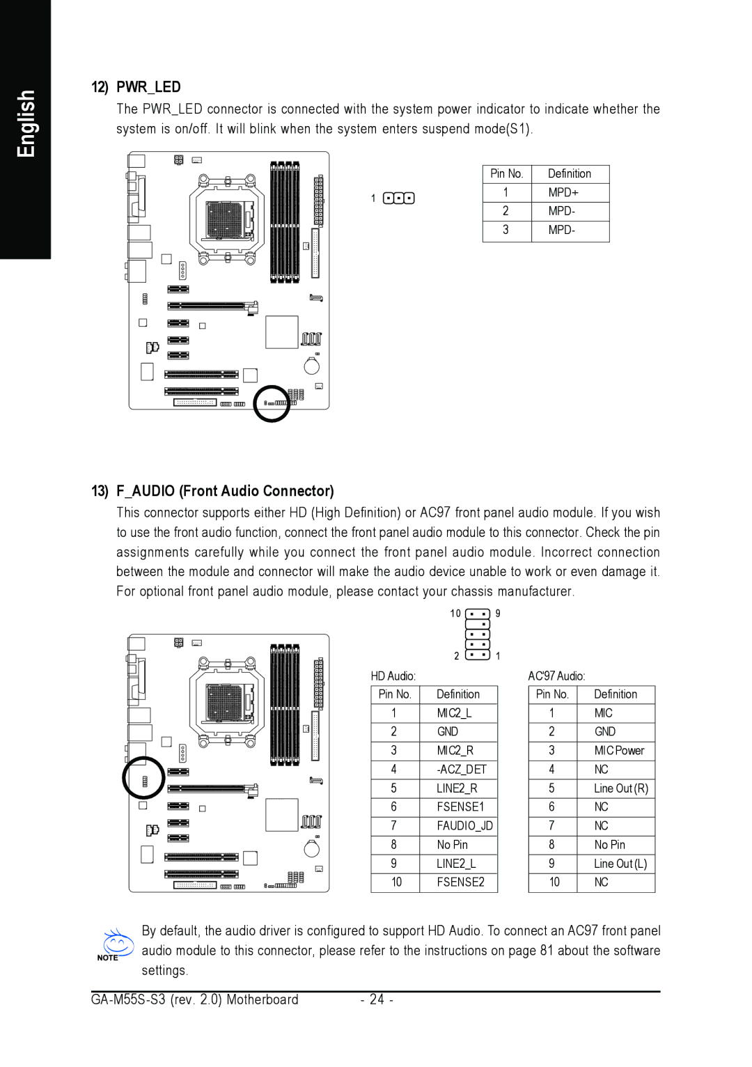 Gigabyte GA-M55S-S3 user manual Pwrled, Faudio Front Audio Connector 