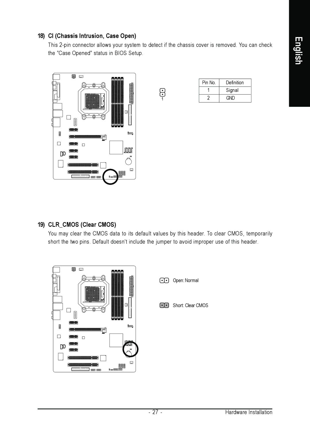 Gigabyte GA-M55S-S3 user manual CI Chassis Intrusion, Case Open, Clrcmos Clear Cmos 