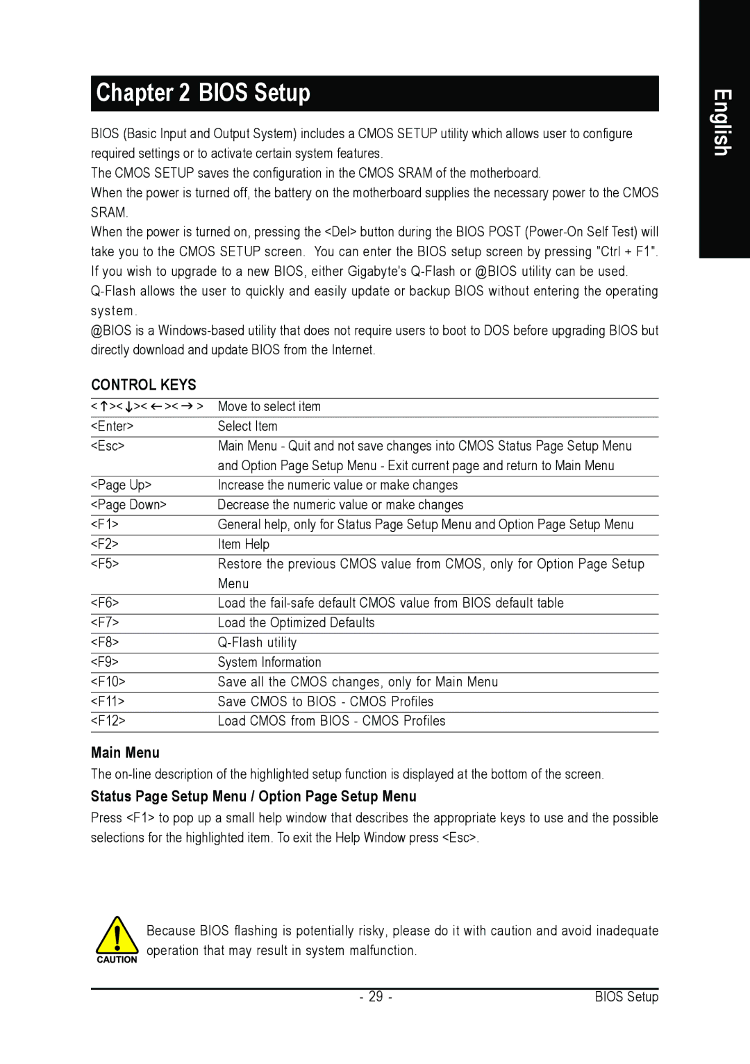 Gigabyte GA-M55S-S3 user manual Main Menu, Status Page Setup Menu / Option Page Setup Menu 