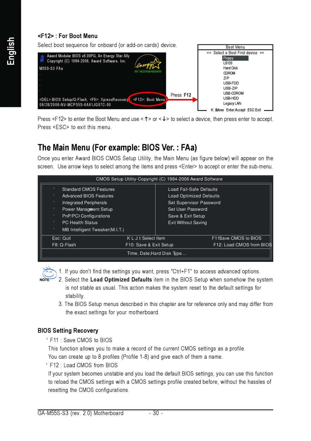 Gigabyte GA-M55S-S3 user manual Main Menu For example Bios Ver. FAa, F12 For Boot Menu, Bios Setting Recovery 