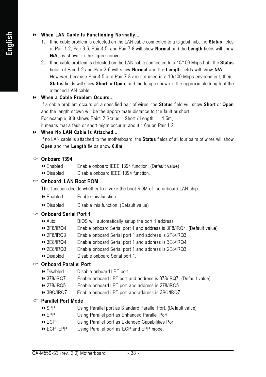 Gigabyte GA-M55S-S3 user manual Onboard LAN Boot ROM, Onboard Serial Port, Onboard Parallel Port, Parallel Port Mode 