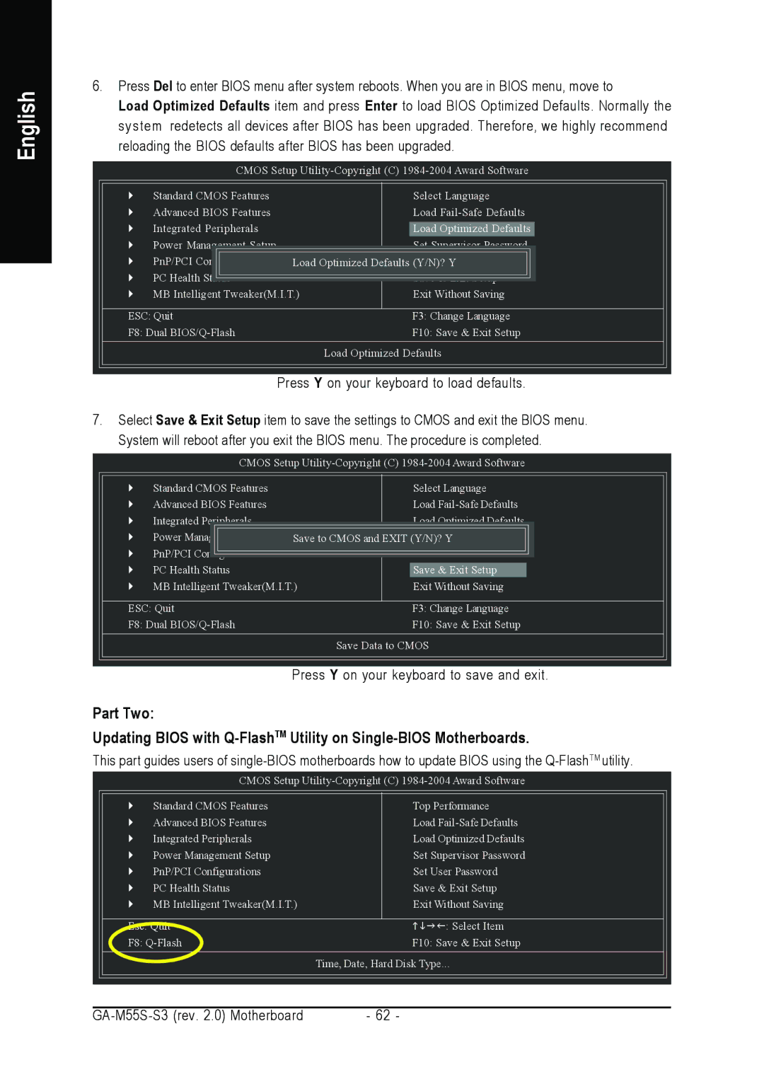 Gigabyte GA-M55S-S3 user manual Press Y on your keyboard to save and exit 