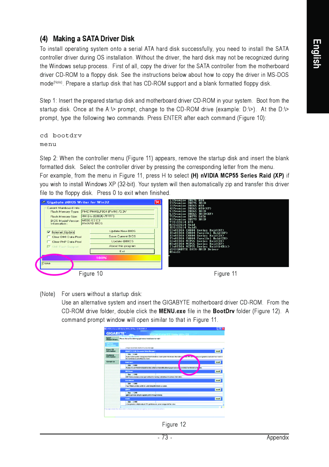 Gigabyte GA-M55S-S3 user manual Making a Sata Driver Disk, Cd bootdrv Menu 