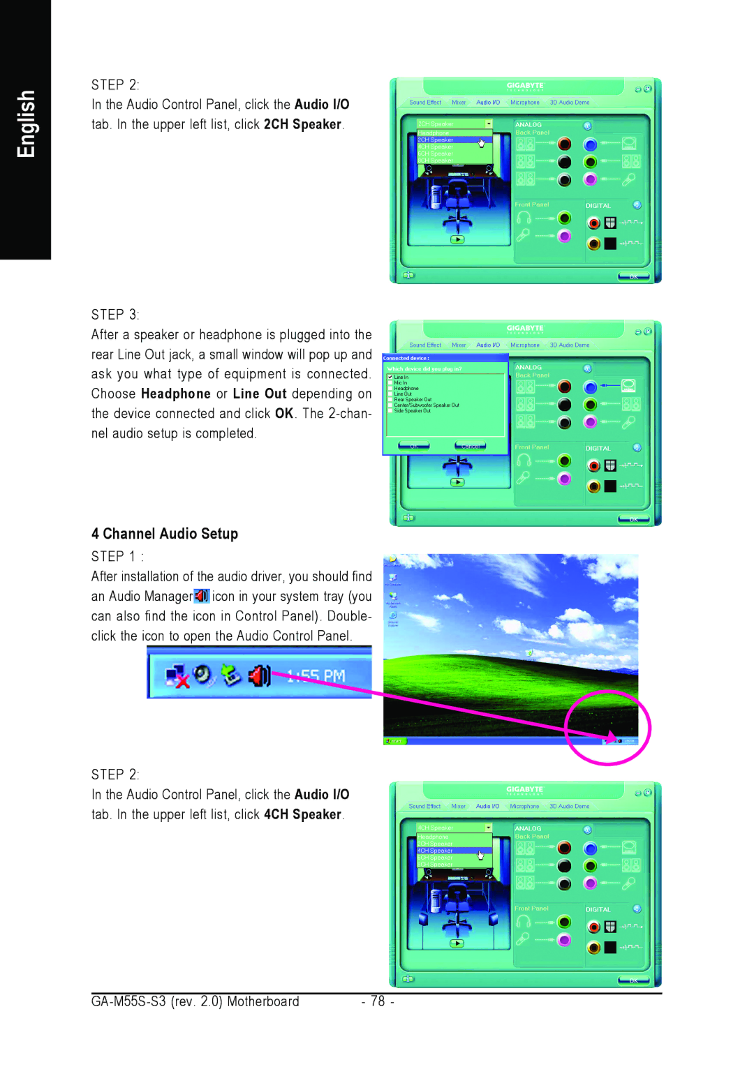 Gigabyte GA-M55S-S3 user manual Channel Audio Setup 