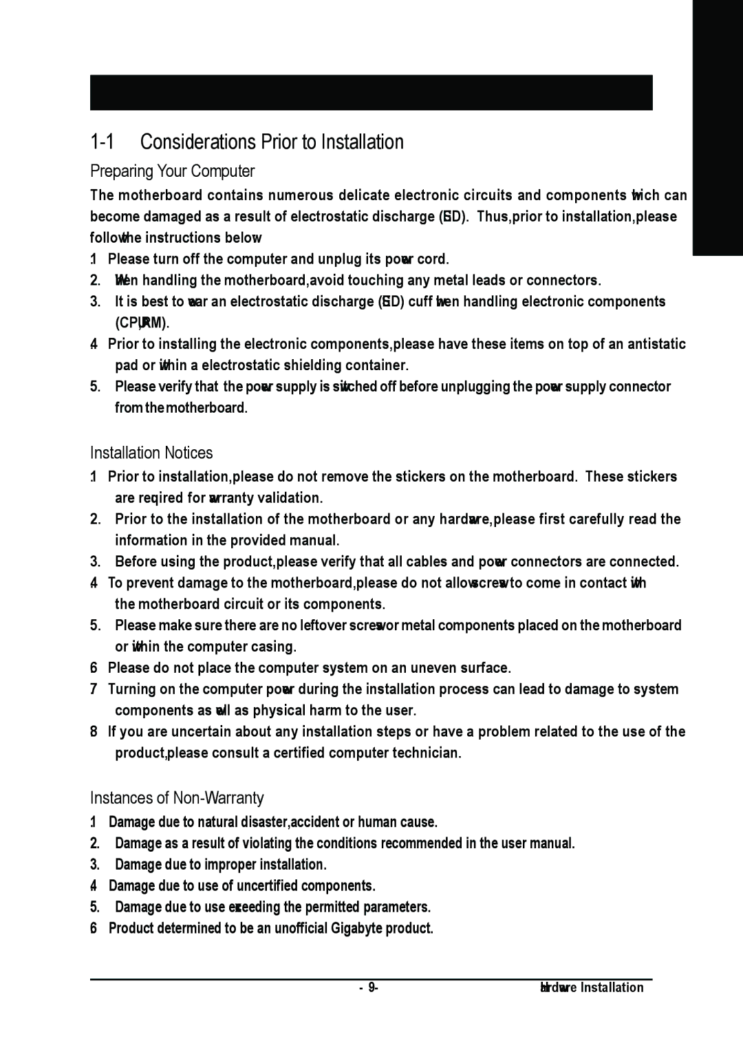 Gigabyte GA-M55S-S3 user manual Considerations Prior to Installation, Preparing Your Computer, Installation Notices 