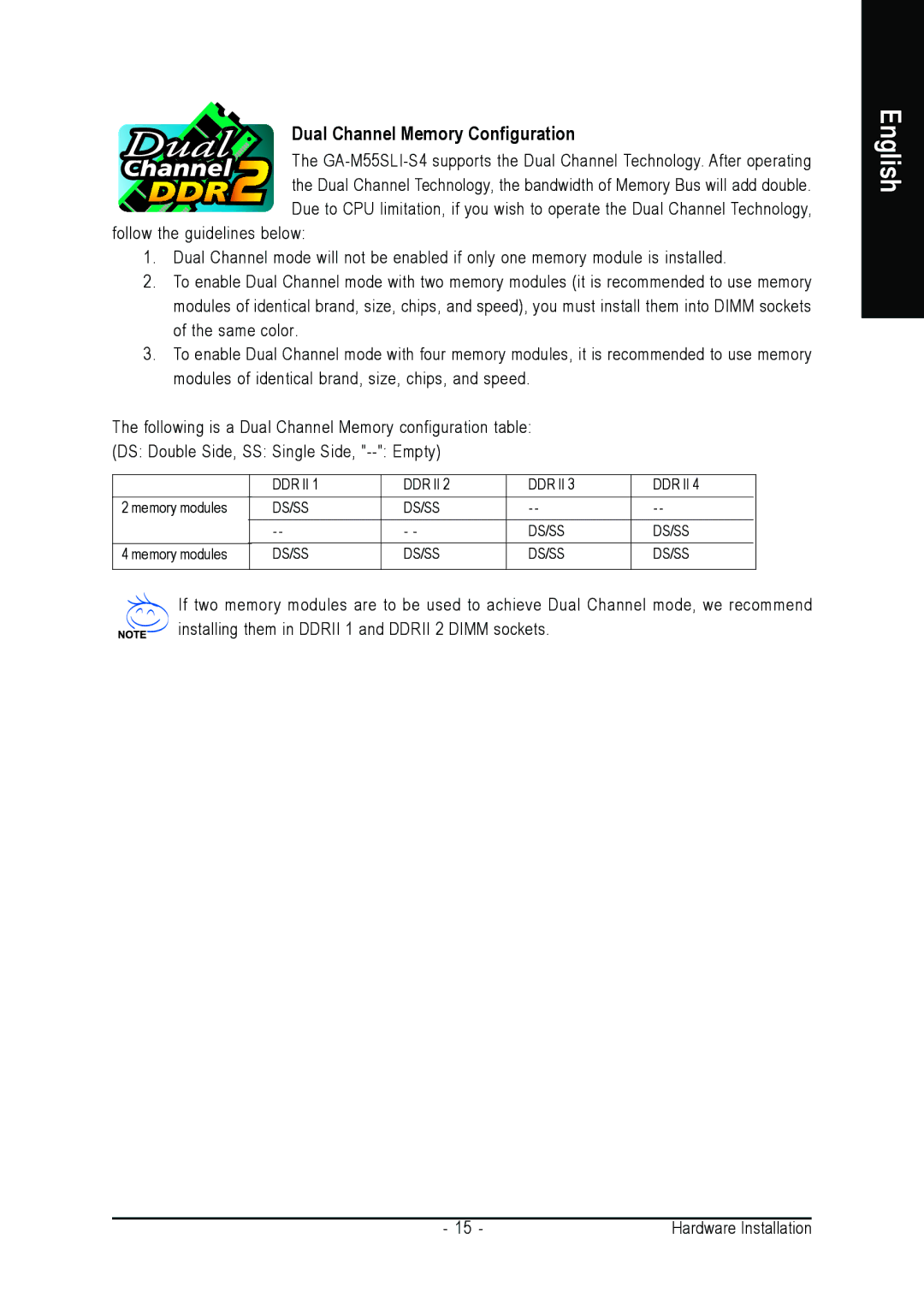 Gigabyte GA-M55SLI-S4 user manual Dual Channel Memory Configuration 