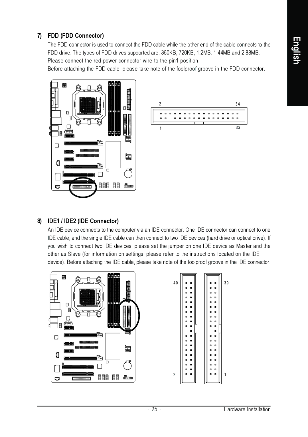 Gigabyte GA-M55SLI-S4 user manual FDD FDD Connector, IDE1 / IDE2 IDE Connector 