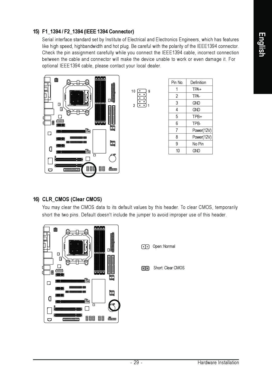 Gigabyte GA-M55SLI-S4 user manual 15 F11394 / F21394 Ieee 1394 Connector, Clrcmos Clear Cmos 