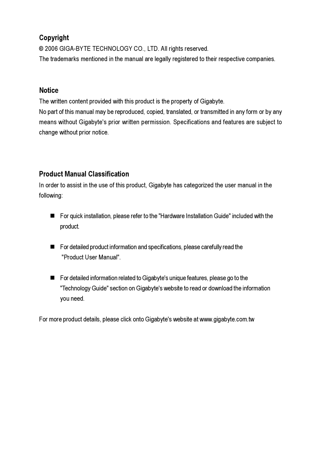 Gigabyte GA-M55SLI-S4 user manual Copyright, Product Manual Classification 