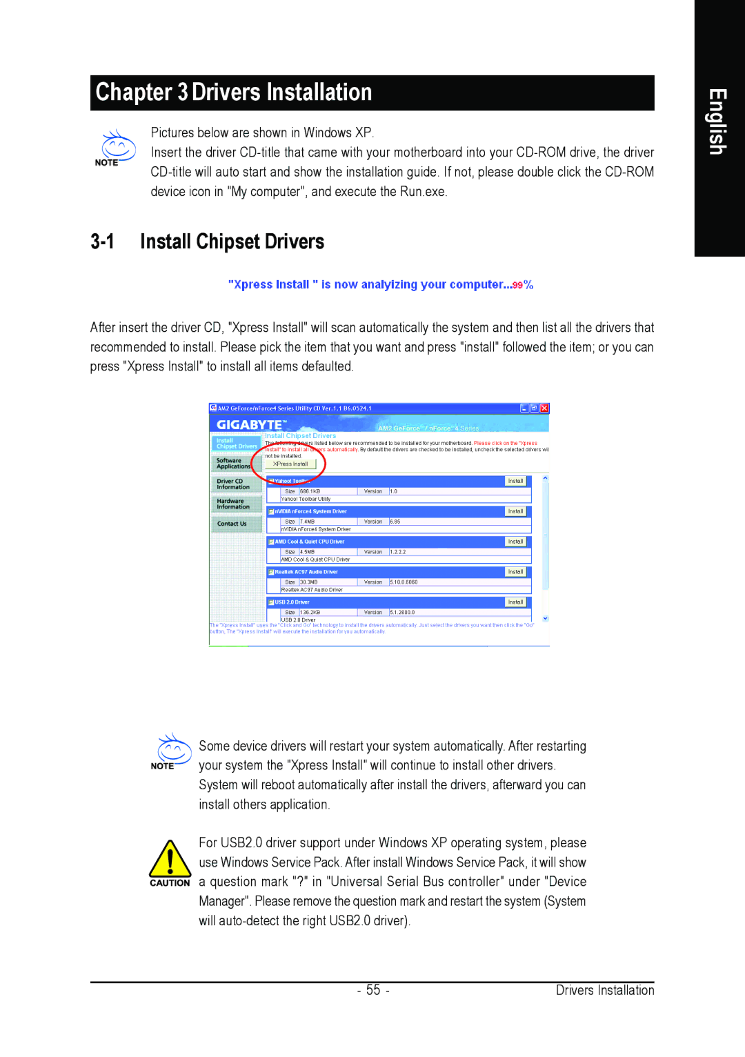 Gigabyte GA-M55SLI-S4 user manual Drivers Installation, Install Chipset Drivers 