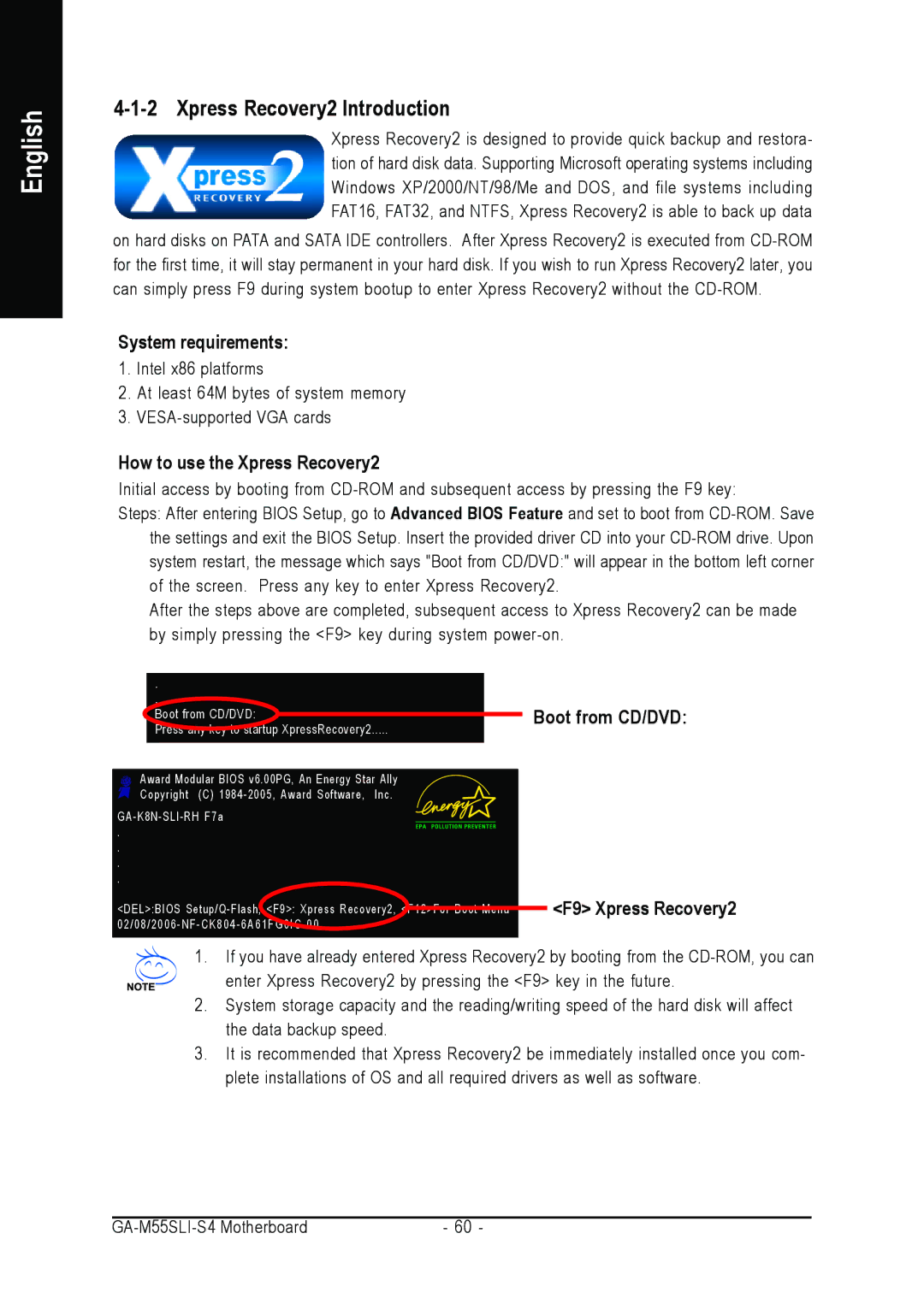 Gigabyte GA-M55SLI-S4 user manual Xpress Recovery2 Introduction, System requirements, How to use the Xpress Recovery2 