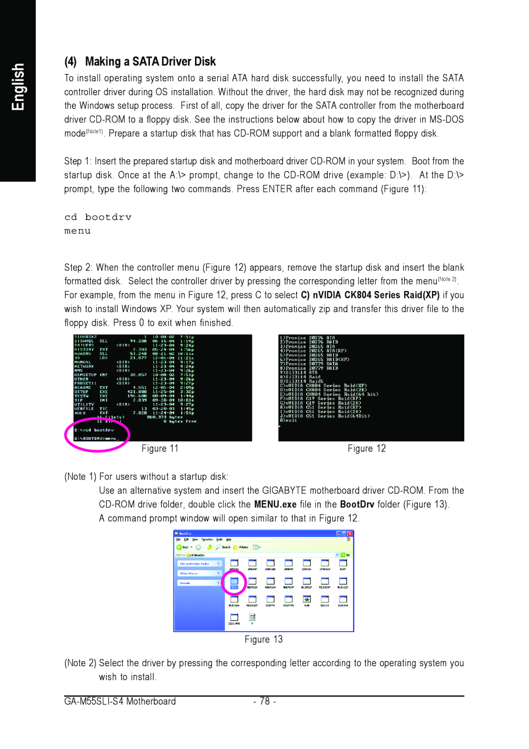 Gigabyte GA-M55SLI-S4 user manual Making a Sata Driver Disk, Cd bootdrv Menu 