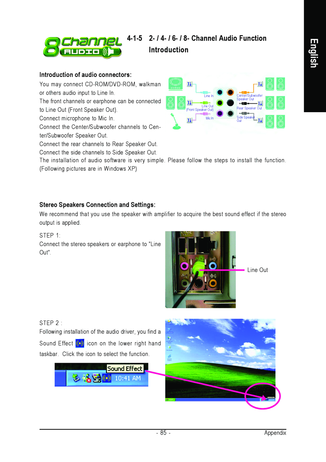 Gigabyte GA-M55SLI-S4 user manual 5 2- / 4- / 6- / 8- Channel Audio Function Introduction, Introduction of audio connectors 