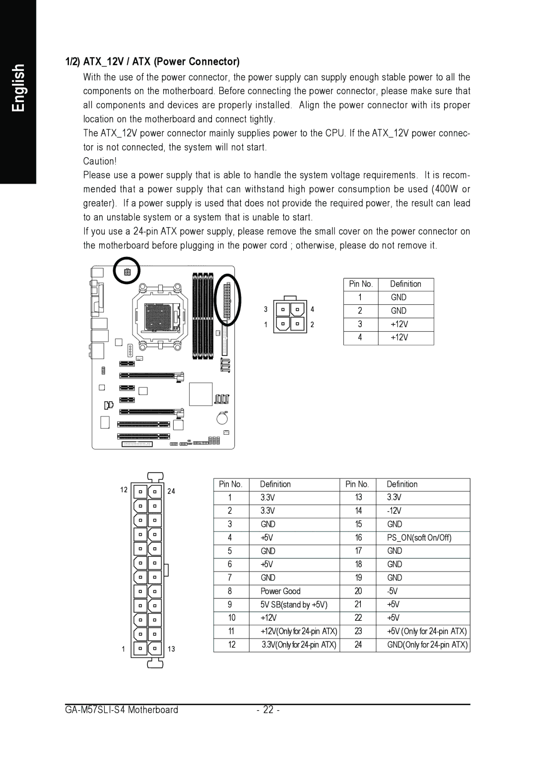 Gigabyte GA-M57SLI-S4 user manual ATX12V / ATX Power Connector 