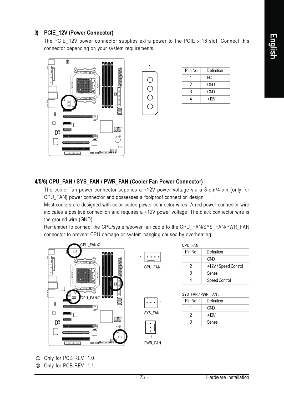 Gigabyte GA-M57SLI-S4 user manual PCIE12V Power Connector, Cpufan / Sysfan / Pwrfan Cooler Fan Power Connector 