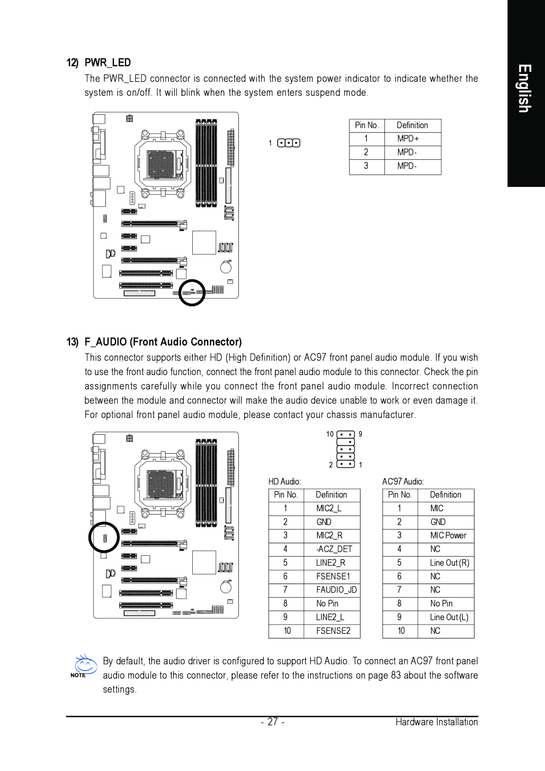 Gigabyte GA-M57SLI-S4 user manual Pwrled, Faudio Front Audio Connector 