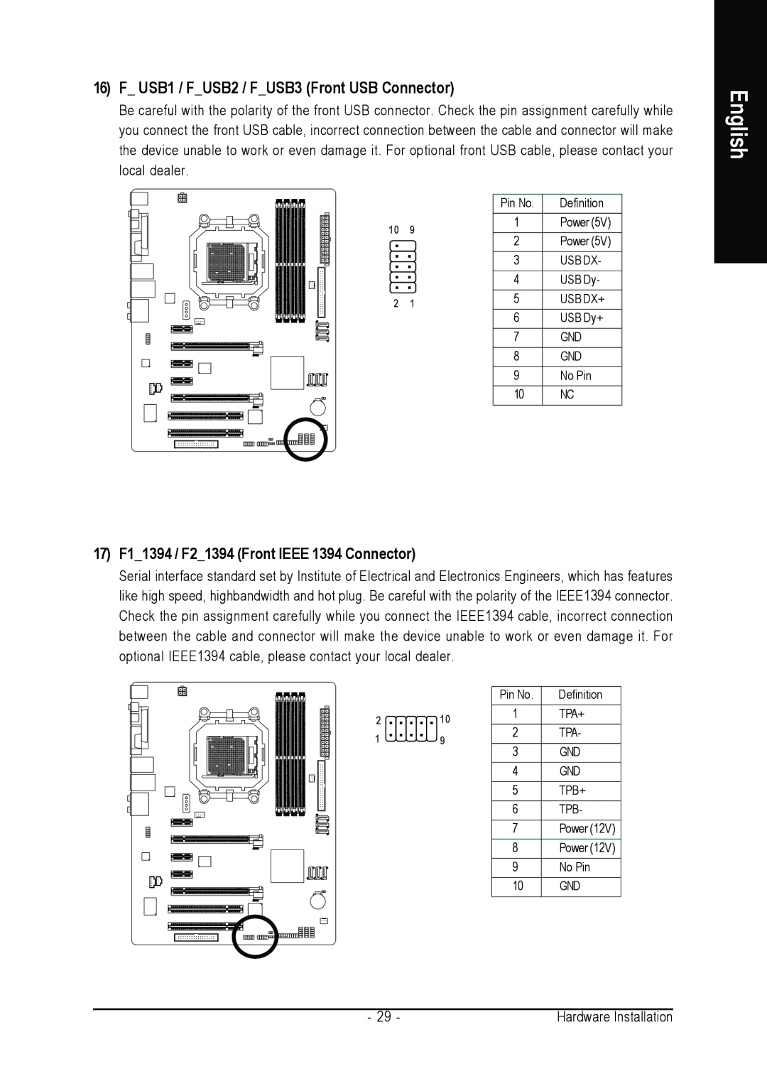 Gigabyte GA-M57SLI-S4 user manual USB1 / FUSB2 / FUSB3 Front USB Connector, 17 F11394 / F21394 Front Ieee 1394 Connector 