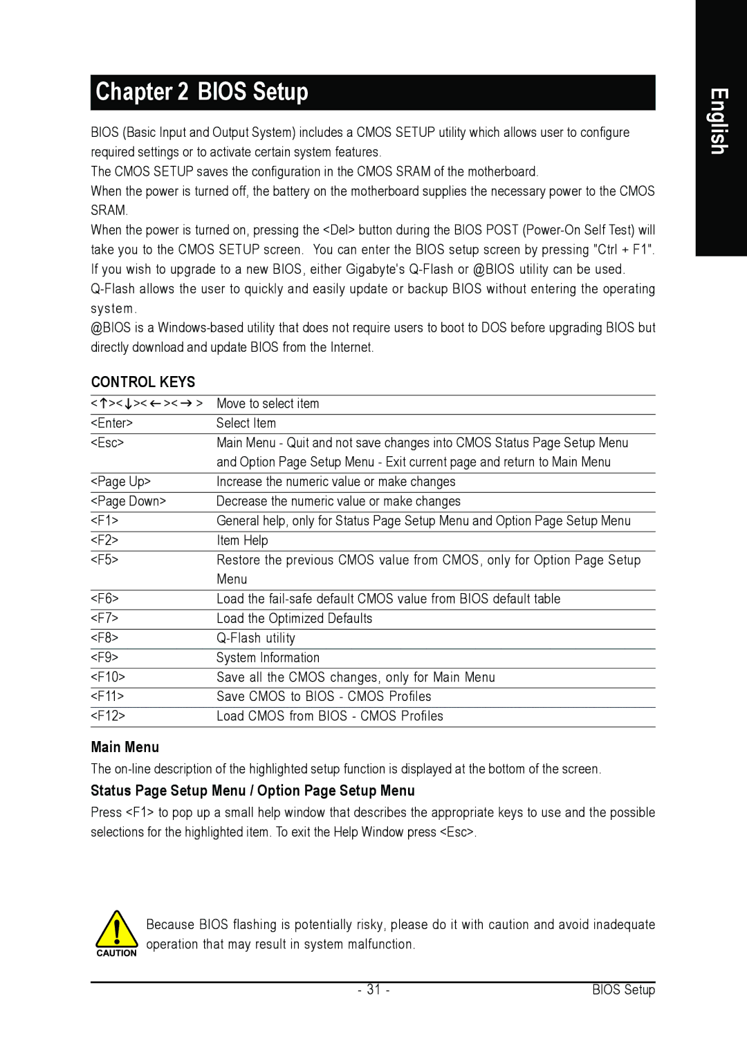 Gigabyte GA-M57SLI-S4 user manual Main Menu, Status Page Setup Menu / Option Page Setup Menu 