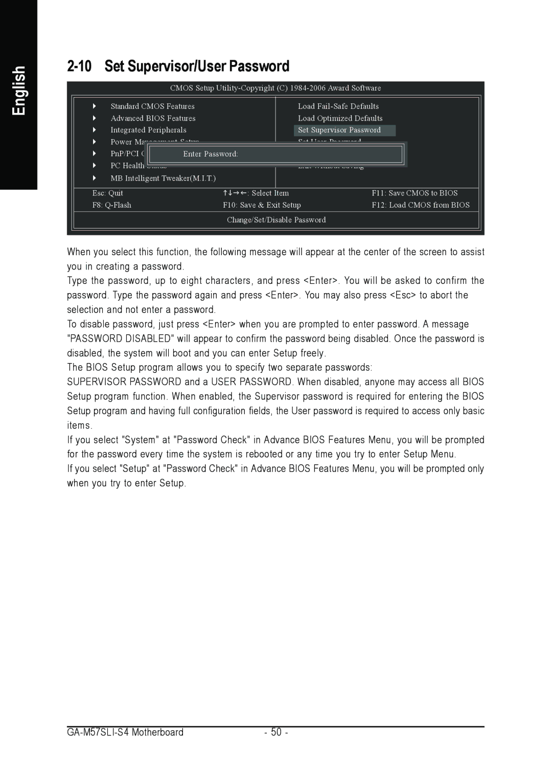 Gigabyte GA-M57SLI-S4 user manual Set Supervisor/User Password 