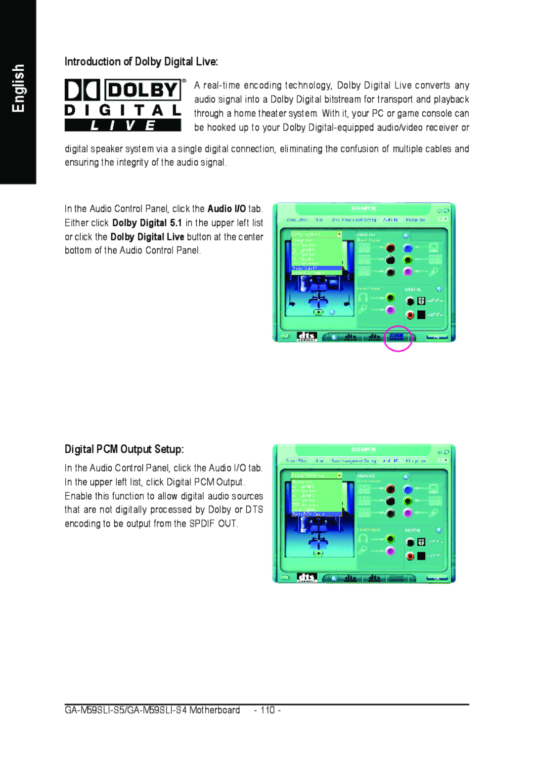 Gigabyte GA-M59SLI-S5, GA-M59SLI-S4 user manual Introduction of Dolby Digital Live, Digital PCM Output Setup 