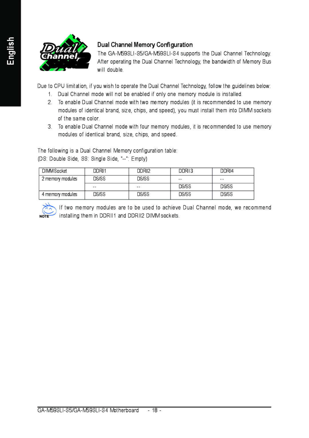 Gigabyte GA-M59SLI-S5, GA-M59SLI-S4 user manual Dual Channel Memory Configuration 