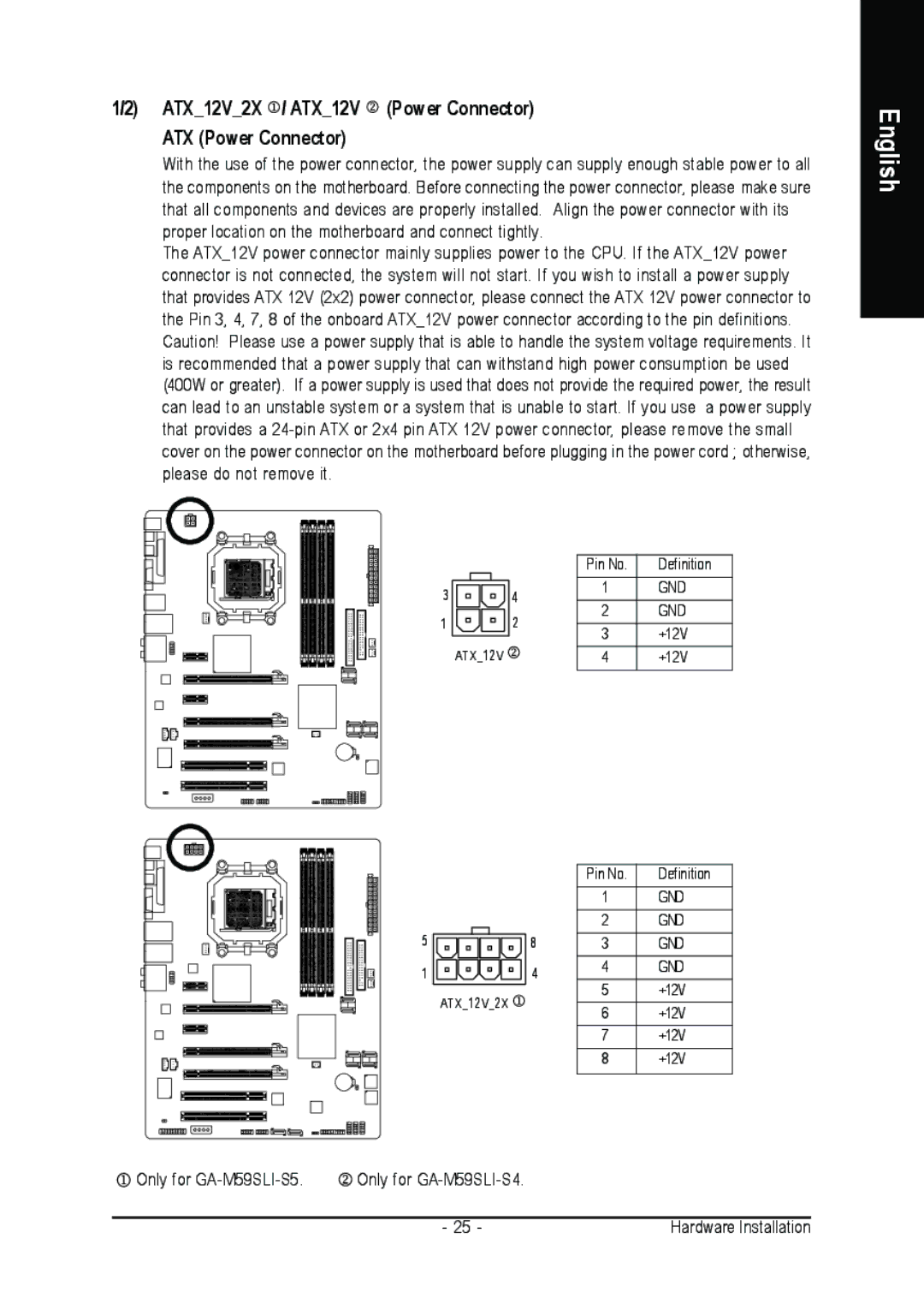 Gigabyte GA-M59SLI-S4, GA-M59SLI-S5 user manual ATX12V2X / ATX12V Power Connector ATX Power Connector 