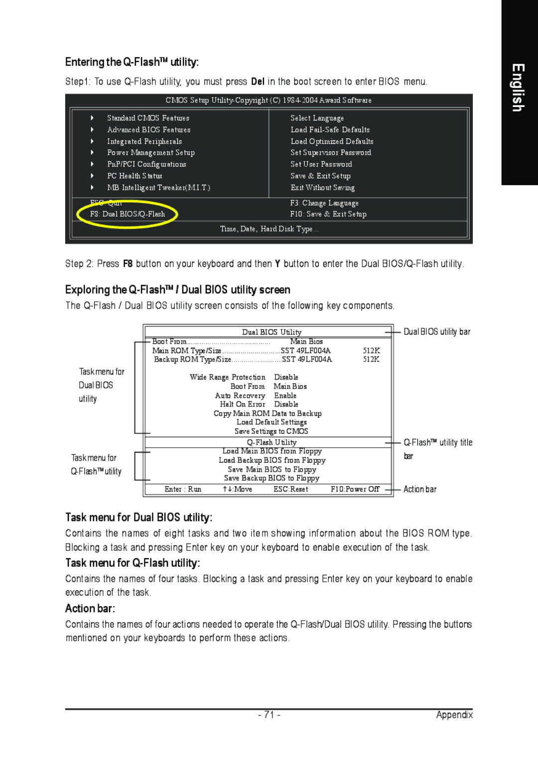 Gigabyte GA-M59SLI-S4 Entering the Q-FlashTMutility, Exploring the Q-FlashTM / Dual Bios utility screen, Action bar 