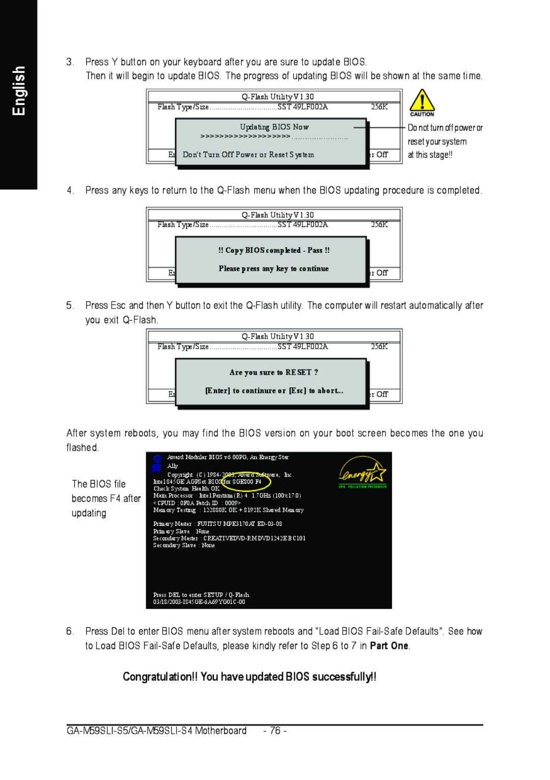 Gigabyte GA-M59SLI-S5, GA-M59SLI-S4 user manual Congratulation!! You have updated Bios successfully 