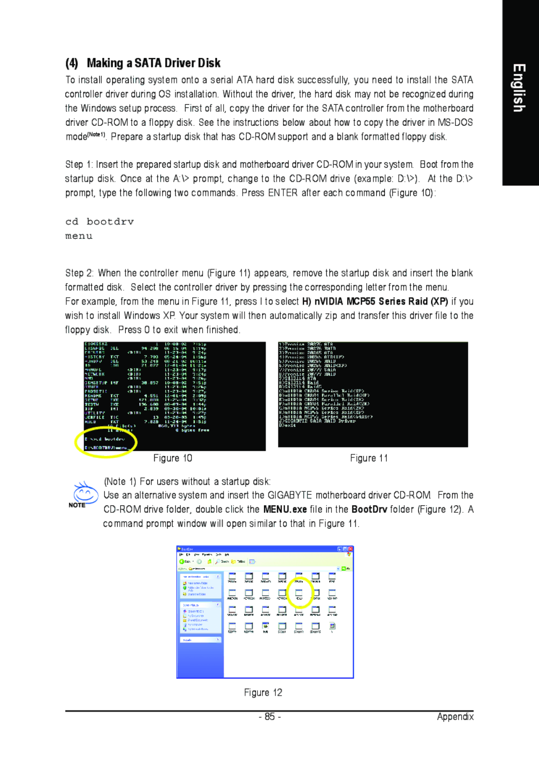 Gigabyte GA-M59SLI-S4, GA-M59SLI-S5 user manual Making a Sata Driver Disk, Cd bootdrv Menu 