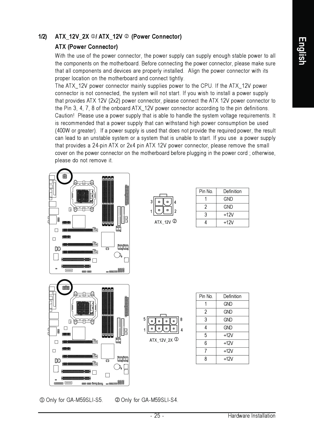 Gigabyte GA-M59SLI-S4, GA-M59SLI-S5 user manual 1/2 ATX12V2X / ATX12V Power Connector ATX Power Connector, English 