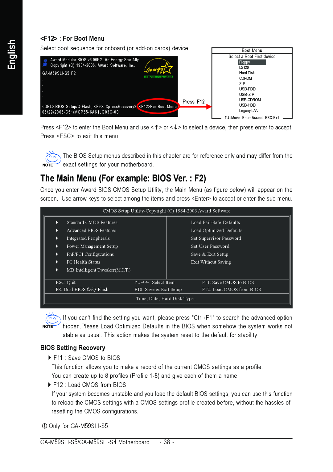 Gigabyte GA-M59SLI-S5 user manual The Main Menu For example BIOS Ver. F2, F12 For Boot Menu, BIOS Setting Recovery, English 